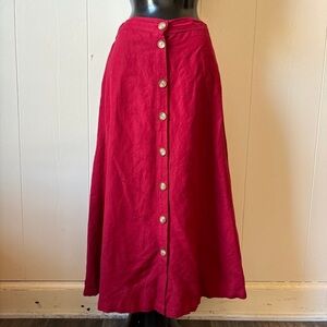 Red Linen Blend Button Down Long Skirt